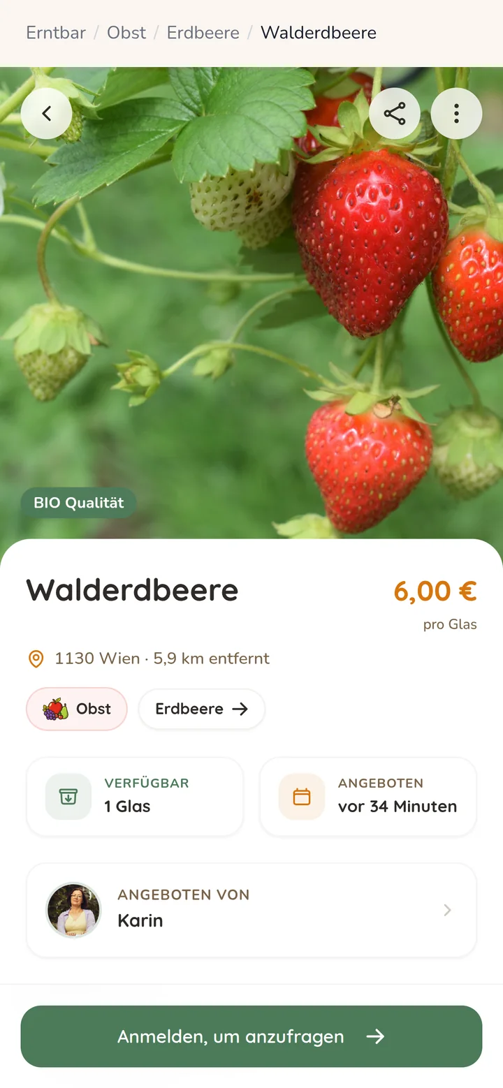 Ein Angebot für Walderdbeeren in Erntbar mit Preis, Menge und Anbieterin