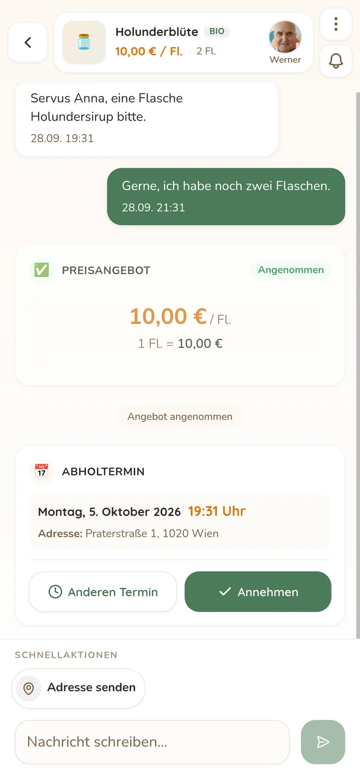 Chat in Erntbar mit angenommenem Preisangebot und vorgeschlagenem Abholtermin