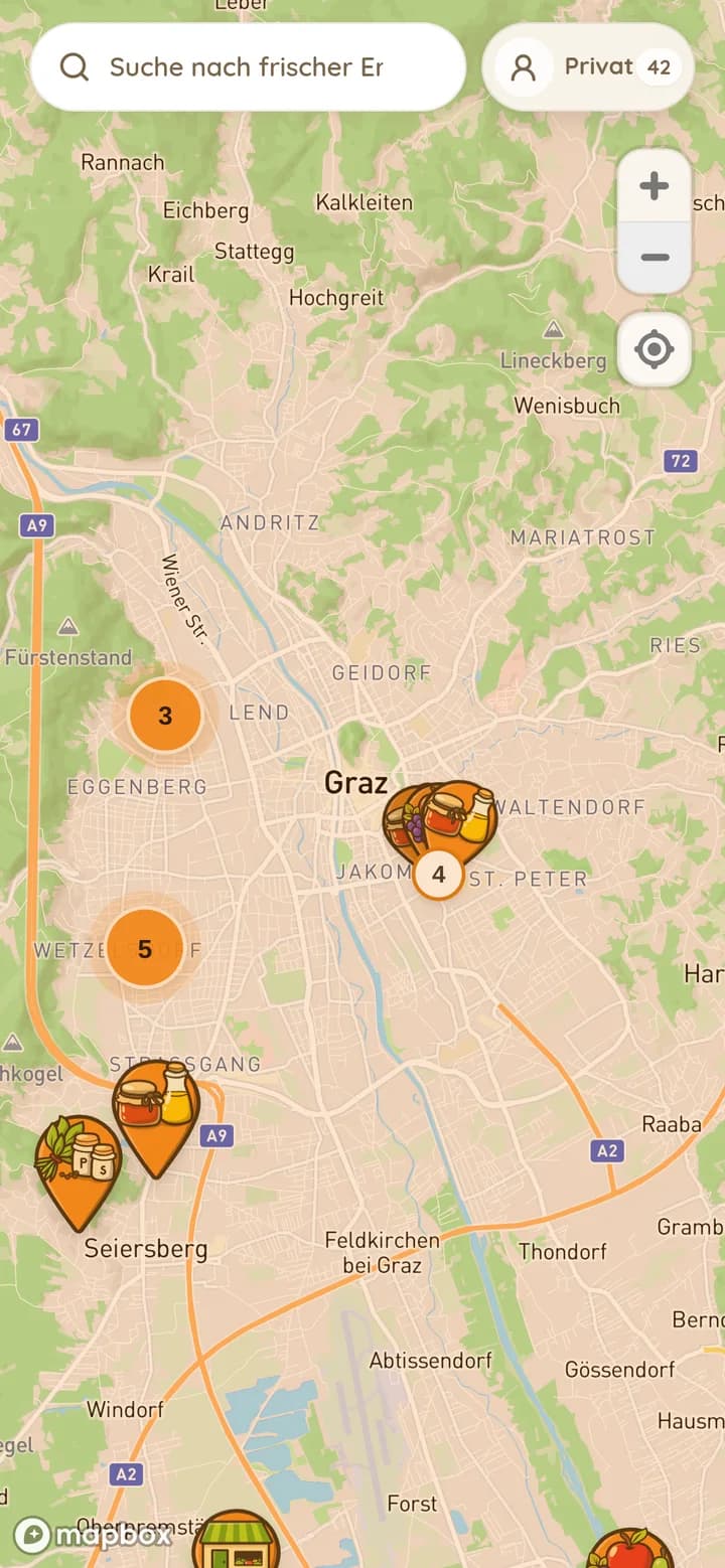 Karte von Graz in der Erntbar Web App mit Angeboten aus der Umgebung als Symbole