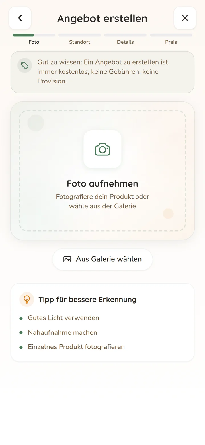 Erster Schritt beim Erstellen eines Angebots in Erntbar mit Foto und dem Hinweis, dass Anbieten kostenlos ist