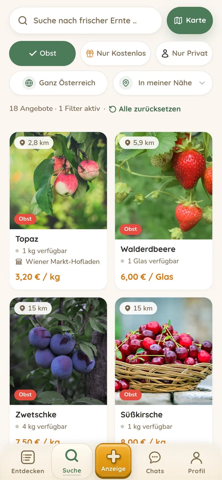 Erntbar App mit Obstangeboten aus der Umgebung, gefiltert nach der Kategorie Obst
