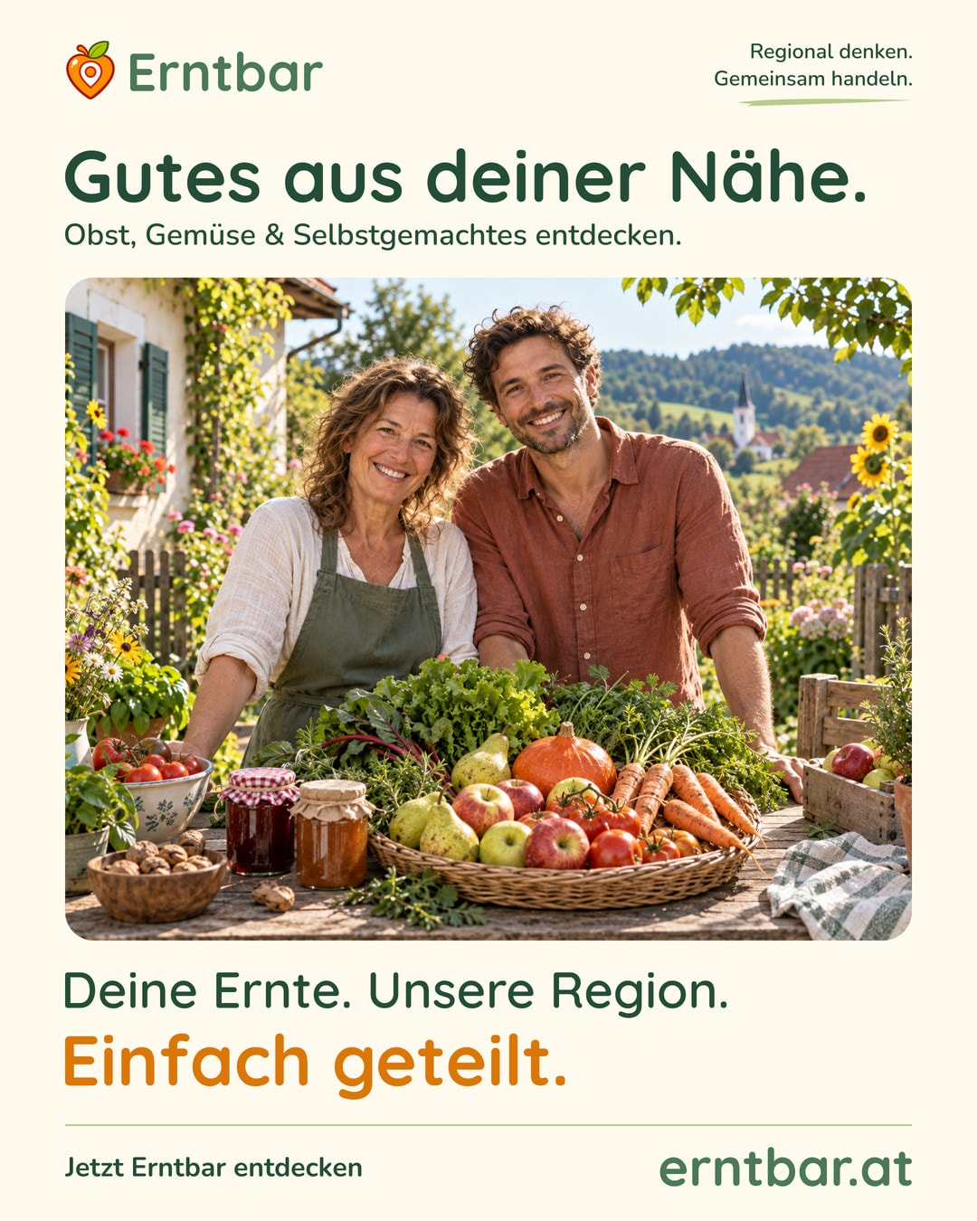 Fotorealistisch. Ein Paar mit einem Korb voller Gemüse, Obst und selbstgemachten Vorräten im Garten.