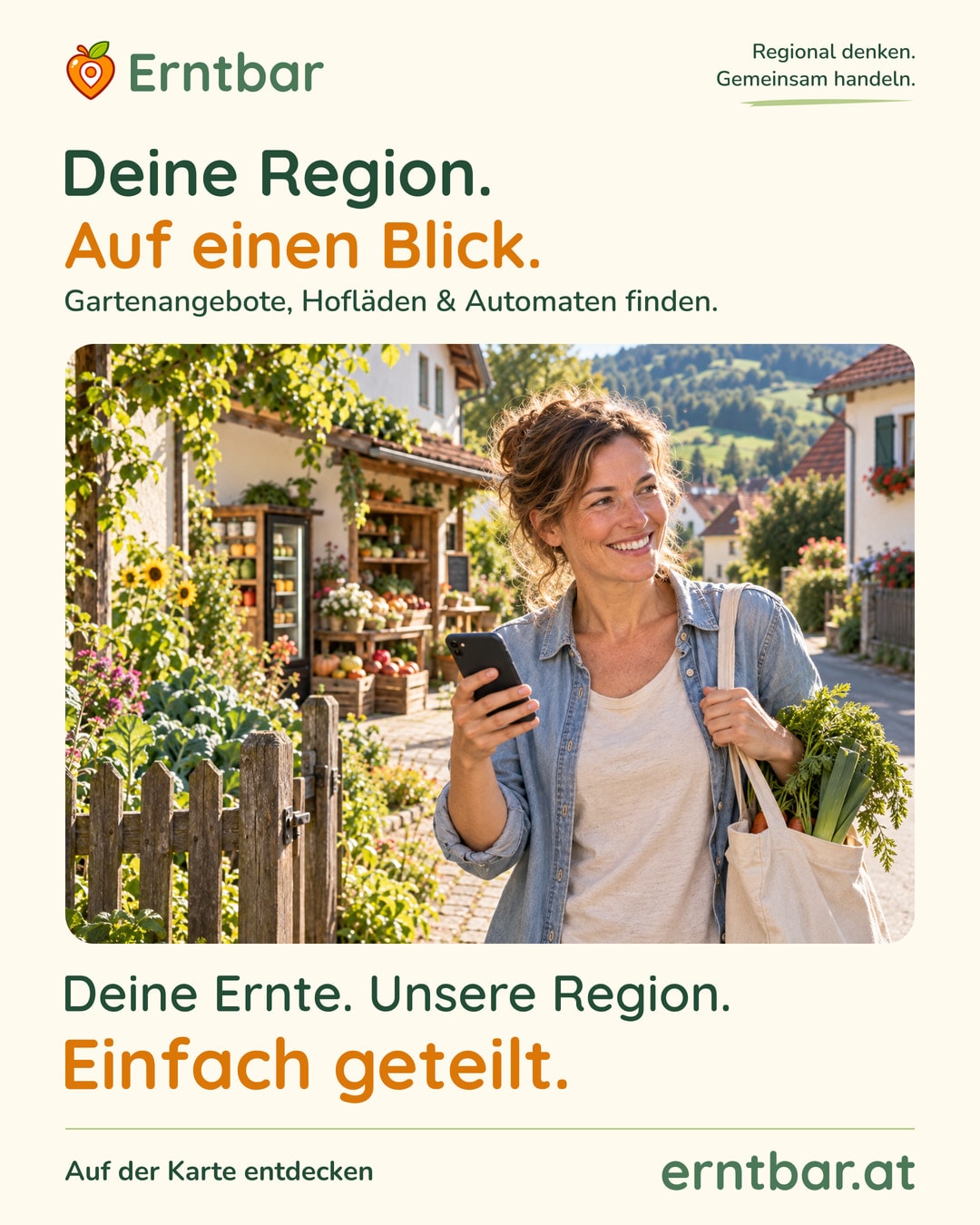 Fotorealistisch. Eine Frau entdeckt mit ihrem Handy regionale Angebote vor einem Gartentor.