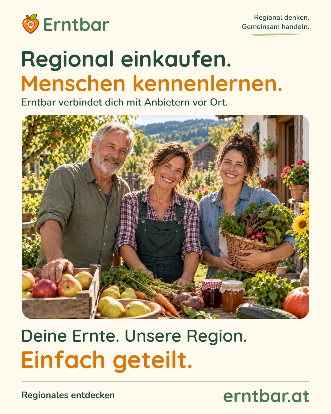 Fotorealistisch. Drei Menschen stehen gemeinsam hinter einer reich gefüllten Erntekiste.