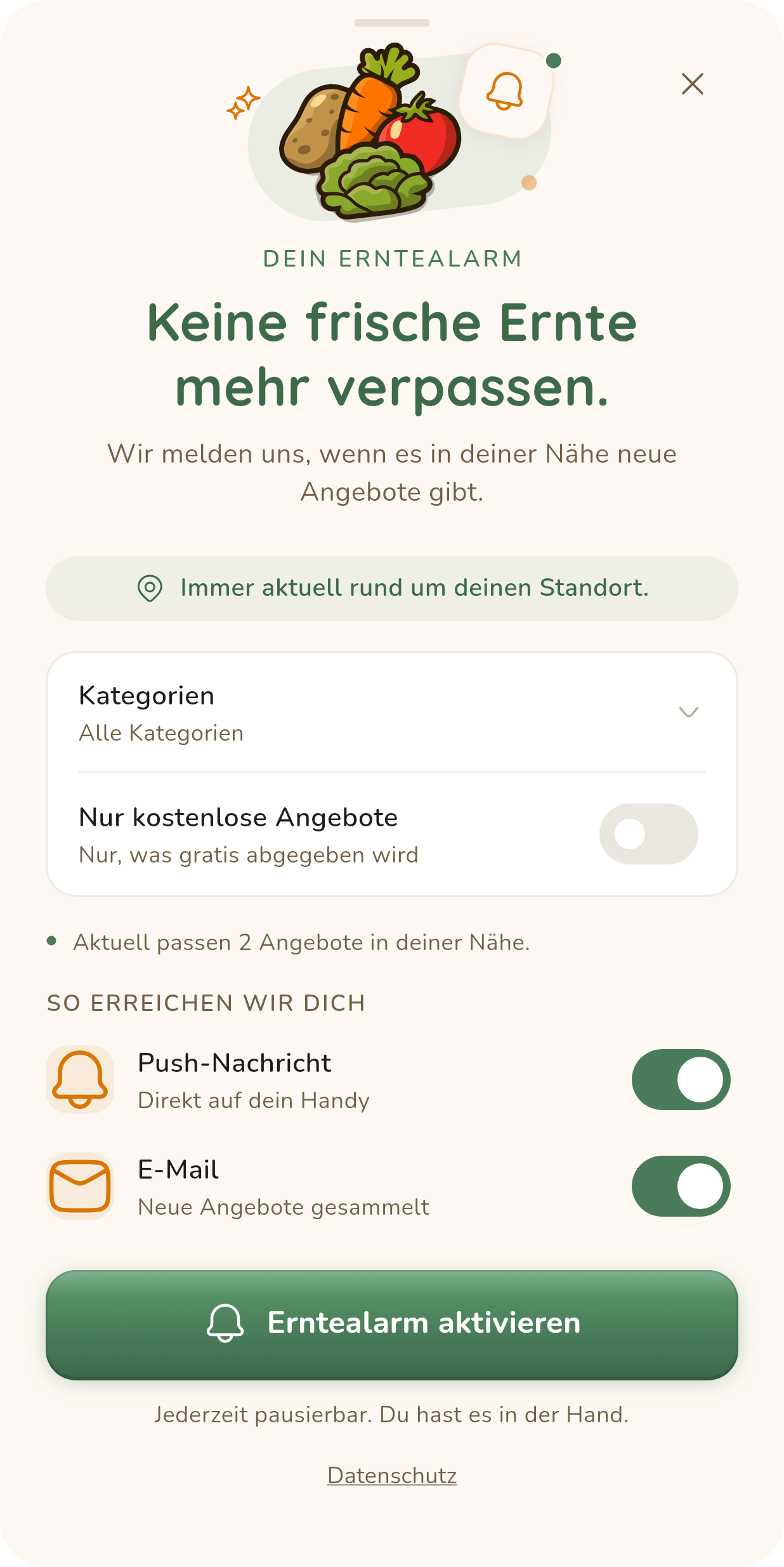 Der Erntealarm in der Erntbar App mit Kategorieauswahl, Gratisfilter und Benachrichtigungen.