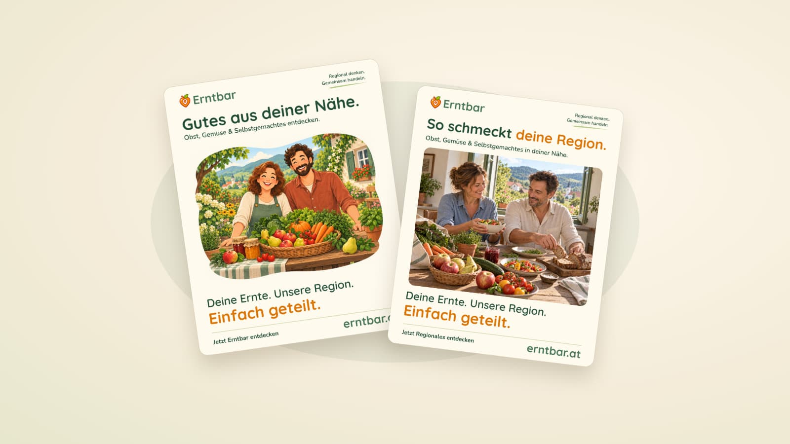 Zwei Erntbar Motive aus der neuen Sammlung zum Weitersagen mit regionaler Ernte und gemeinsamem Essen.