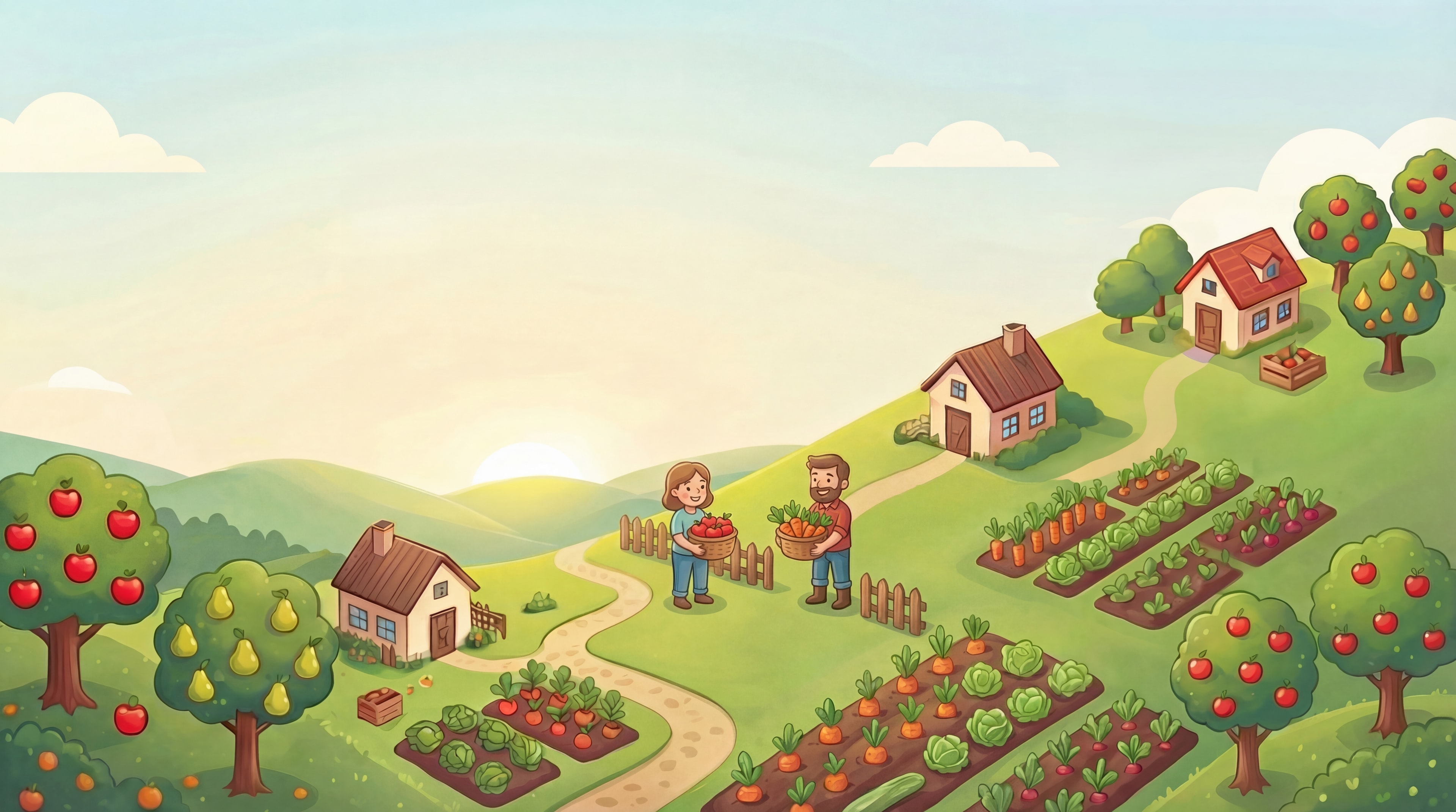 Idyllische Gartenlandschaft mit Obstbäumen und Gemüsebeeten