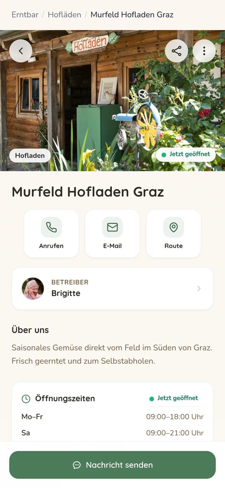 Profil eines Hofladens in Erntbar mit Öffnungszeiten, Route und dem Hinweis Jetzt geöffnet