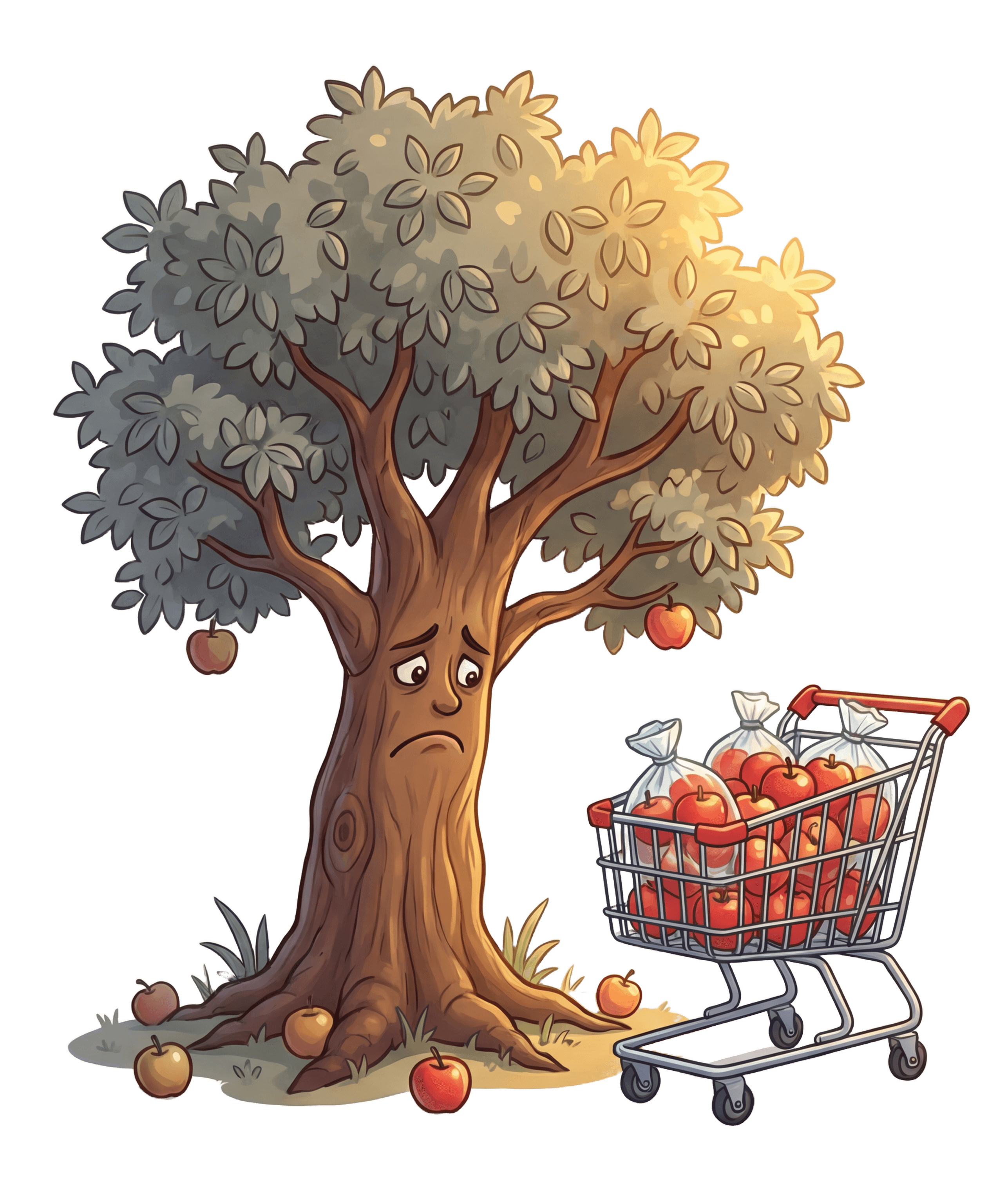 Trauriger Baum mit ungenutzten Äpfeln neben einem Einkaufswagen voller Plastikverpackungen